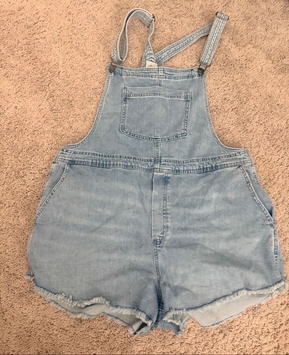 Aerie Women Light Wash Distressed Denim Overall Shortalls Romper Shorts Size XL